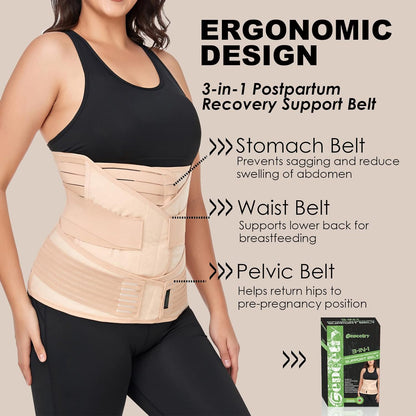 3 in 1 Postpartum Belly Band Wrap Support Recovery Girdles Abdominer Binder Post Surgery Belly&Waist&Pelvis Support Belt & Back Brace(Black, Small/Medium)