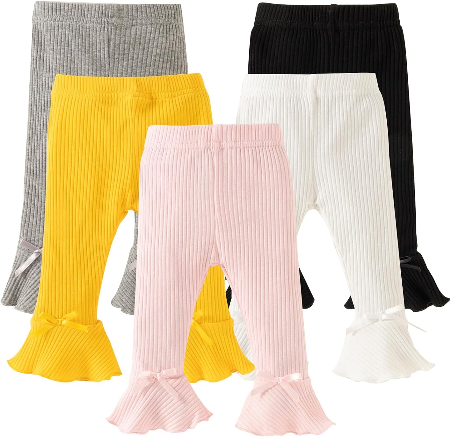 DREAM BUS 5 Pack Baby Pants Toddler Girl Ribbed Ruffle Bell Bottoms Toddler Leggings Baby Boy Pants Newborn Girl Flare Pants