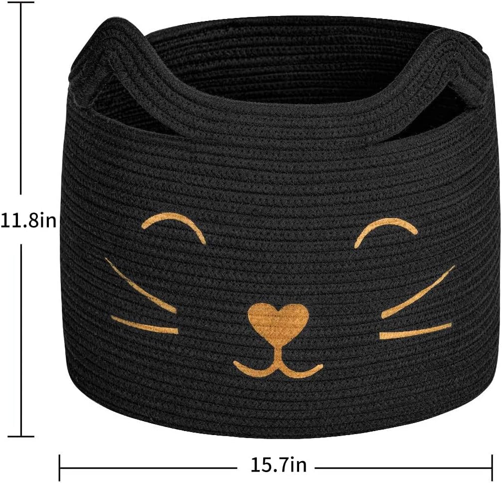 HiChen Large Woven Cotton Rope Storage Basket, Laundry Basket Organizer for Toys, Blanket, Clothes, Towels, Gifts | Pet Gift Basket for Cat, Dog - 15.7" L×11.8" H, Black