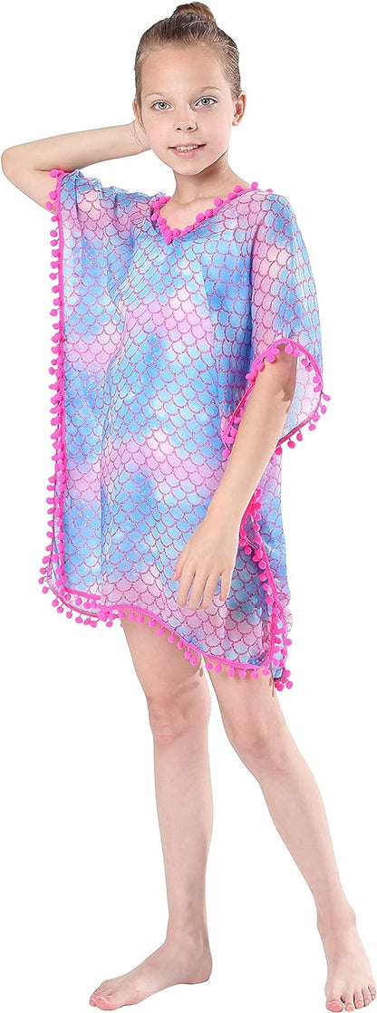 MissShorthair Girls Swim Cover Up Beach Swimwear Coverup Swimsuit Wraps with Pom Pom Trim