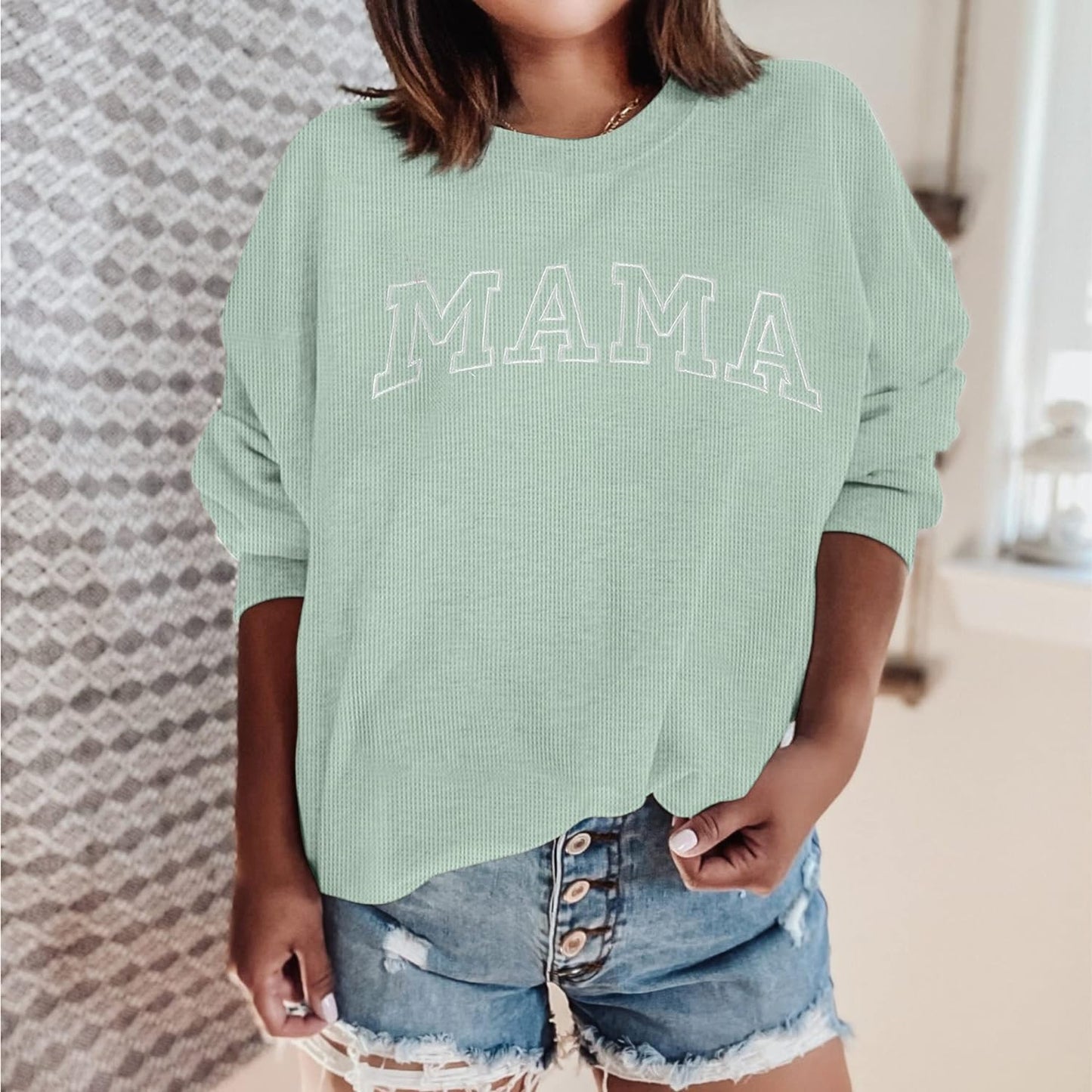 Womens Crewneck Sweatshirt Mama Letter Print Long Sleeve Loose Fashion Pullover Top