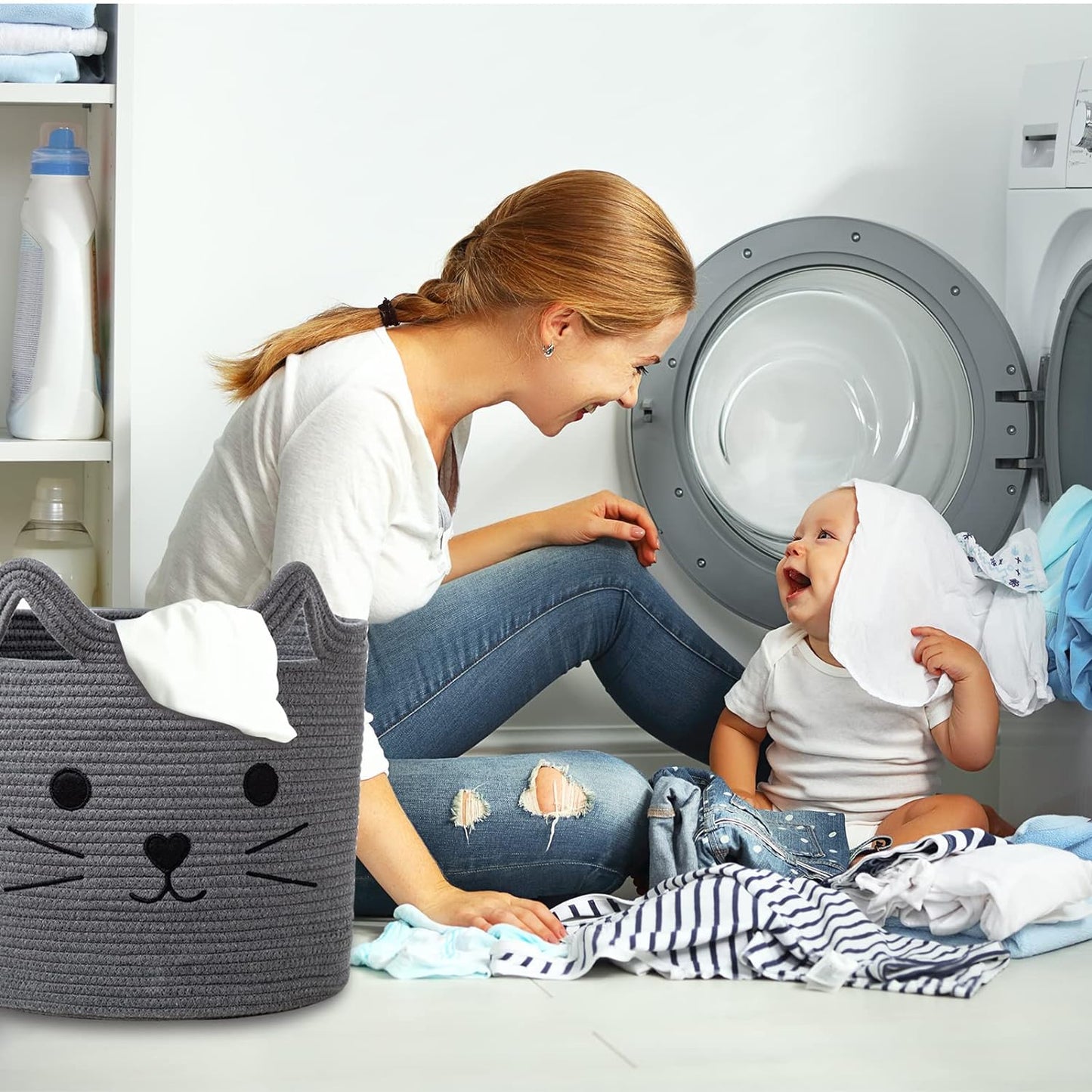 VK VK·LIVING Animal Baskets Large Woven Cotton Rope Storage Basket with Cute Cat Design Animal Laundry Basket Organizer for Towels, Blanket, Toys, Clothes, Gifts – Pet or Baby Gift Baskets 15"Lx14H"