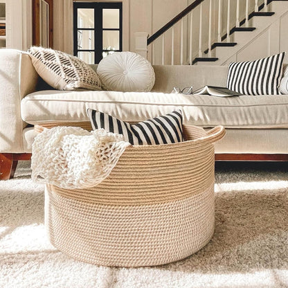 INDRESSME XXXLarge Cotton Rope Basket 21.7" x 21.7" x 13.8" Woven Baby Laundry Blanket Basket Toy Basket with Handle Storage Comforter Cushions Thread Laundry Hamper White & Brown