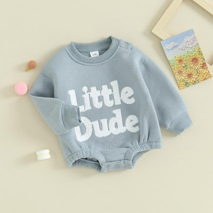 VISGOGO Baby Boy Girls Oversized Sweatshirt Romper Long Sleeve Little Dude Sweater Onesie Top Embroidery Clothes