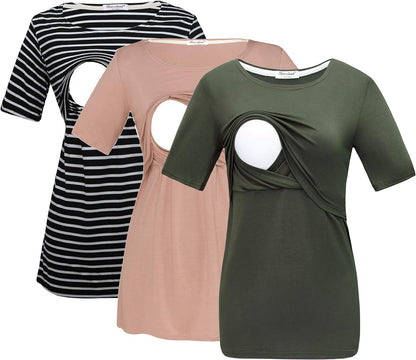 Bearsland Women's 3 Packs Maternity Nursing Tops Short Sleeve Breastfeeding Shirts