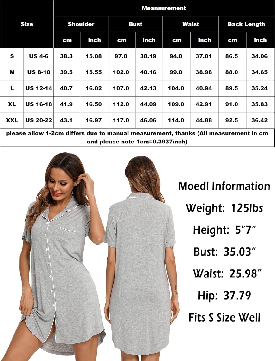 Leikar Nightgowns For Women Button Down Pajamas Dress Short Sleeve Sleepwear S-XXL