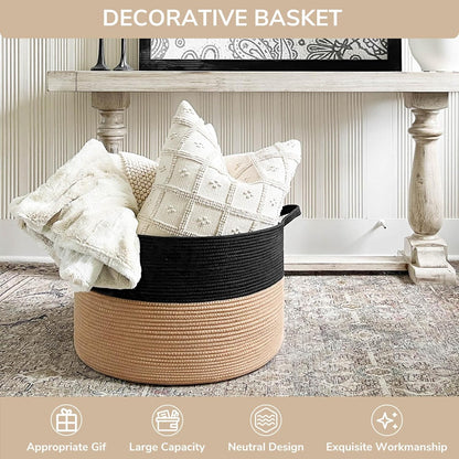 INDRESSME XXXLarge Cotton Rope Basket 21.7" x 21.7" x 13.8" Woven Baby Laundry Blanket Basket Toy Basket with Handle Storage Comforter Cushions Thread Laundry Hamper White & Brown