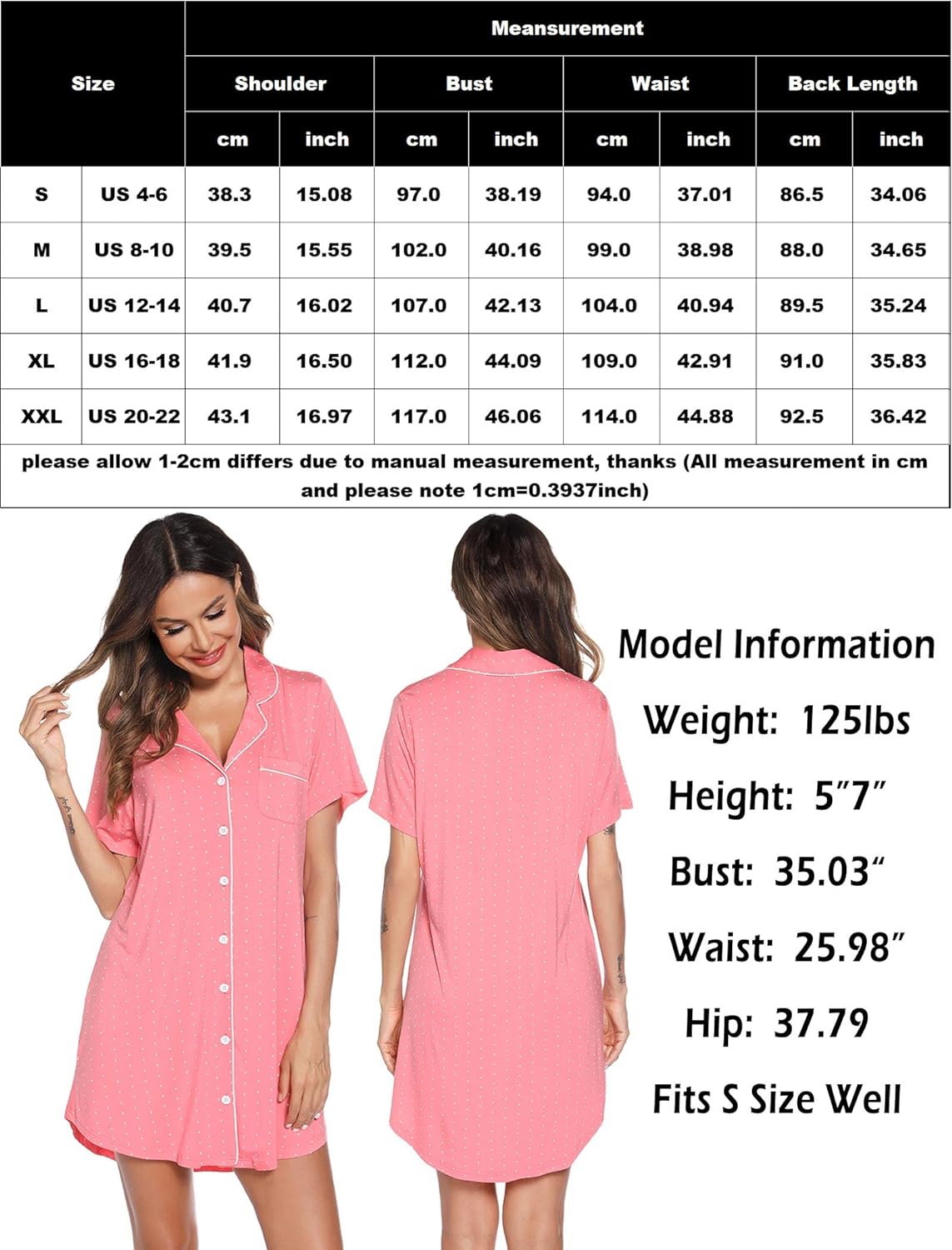 Leikar Nightgowns For Women Button Down Pajamas Dress Short Sleeve Sleepwear S-XXL