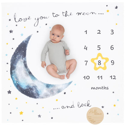 Organic Baby Monthly Milestone Blanket Boy - Baby Bear Months Blanket with Month Marker Frame and Newborn Announcement Disc - Growth Age Blanket for 1-12 Months Milestones, Woodland, 47”x47”