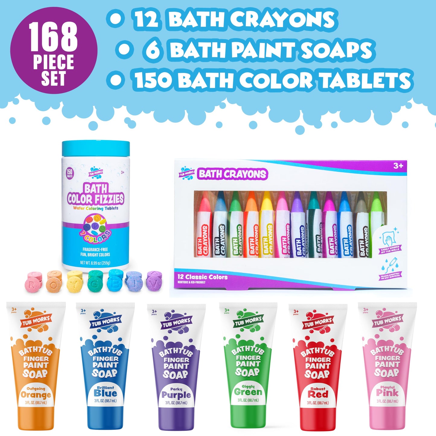 Tub Works® Smooth™ Bath Crayons Bath Toy, 12 Pack | Nontoxic, Washable Bath Crayons for Toddlers & Kids | Unique Formula Draws Smoothly & Vividly on Wet & Dry Tub Walls | Hexagon Grip Bathtub Crayons