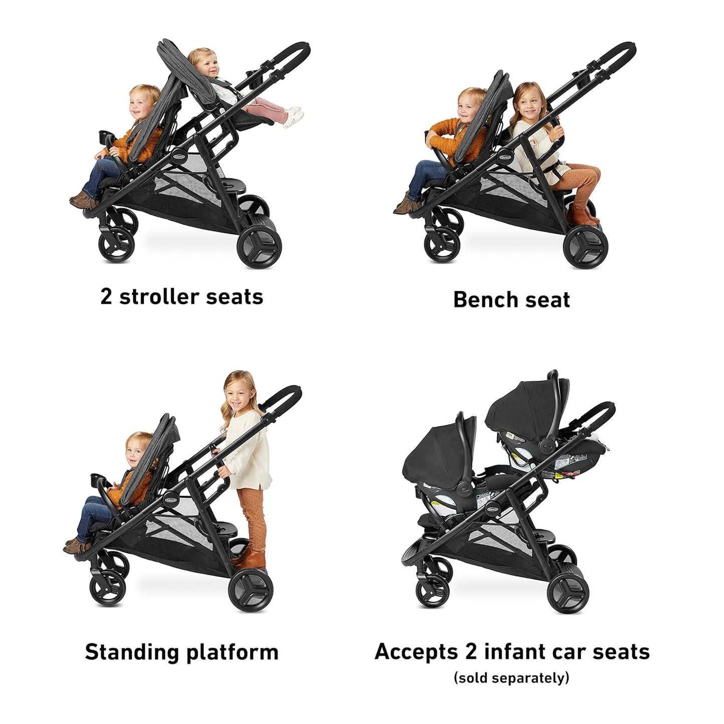 Graco Ready2Grow LX 2.0 Double Stroller Features Bench Seat and Standing Platform Options, Clark