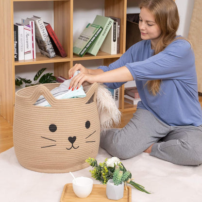 VK VK·LIVING Animal Baskets Large Woven Cotton Rope Storage Basket with Cute Cat Design Animal Laundry Basket Organizer for Towels, Blanket, Toys, Clothes, Gifts – Pet or Baby Gift Baskets 15"Lx14H"