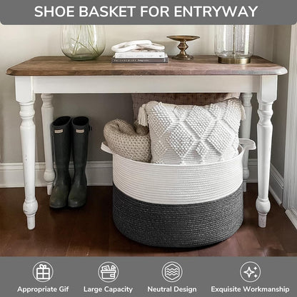 INDRESSME XXXLarge Cotton Rope Basket 21.7" x 21.7" x 13.8" Woven Baby Laundry Blanket Basket Toy Basket with Handle Storage Comforter Cushions Thread Laundry Hamper White & Brown