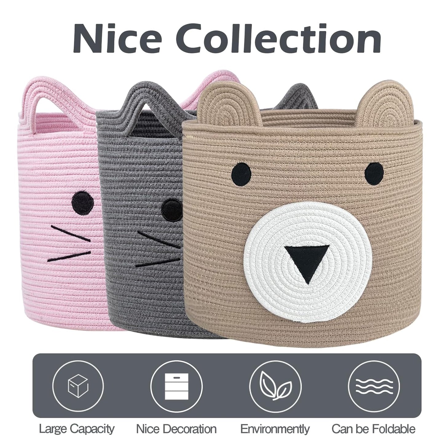 VK VK·LIVING Animal Baskets Large Woven Cotton Rope Storage Basket with Cute Cat Design Animal Laundry Basket Organizer for Towels, Blanket, Toys, Clothes, Gifts – Pet or Baby Gift Baskets 15"Lx14H"