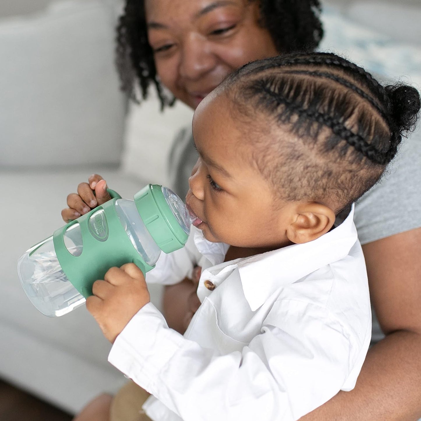 Dr. Brown's Milestones Wide-Neck Sippy Spout Bottle with 100% Silicone Handles, Easy-Grip Handles with Soft Sippy Spout, 9oz/270mL, Green & Gray, 2-Pack, 6m+