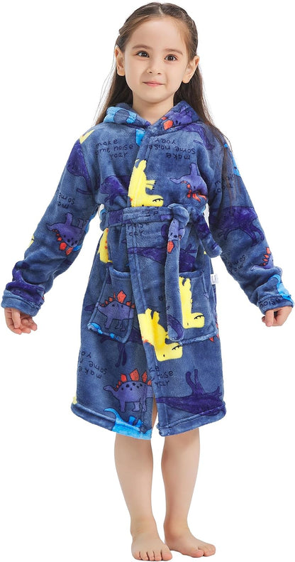 ECHERY Boys Girls Robe Hooded Bathrobe Toddler Robes Soft Coral Fleece Pajamas Unisex Dressing Gown for Kids