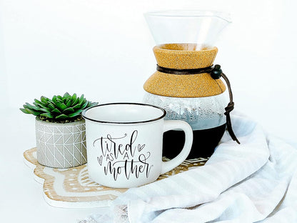 June & Lucy Mom Mug with Stylish Box- Tired as a Mother Novelty Mugs for Mom Cute Large Camping Coffee Mugs for Women - White Coffee Mug with Lettering - 15 oz Microwave and Dishwasher Safe