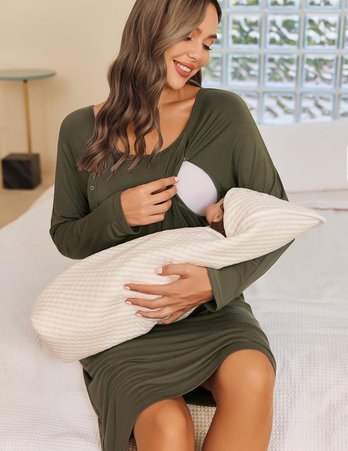 Ekouaer Women’s Nursing/Delivery/Labor Nightgown Long Sleeve Maternity Sleepshirt for Breastfeeding with Button