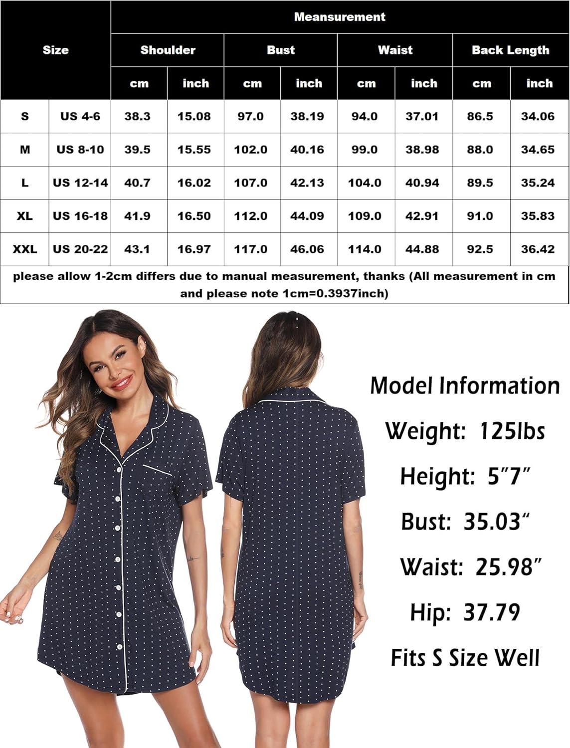 Leikar Nightgowns For Women Button Down Pajamas Dress Short Sleeve Sleepwear S-XXL