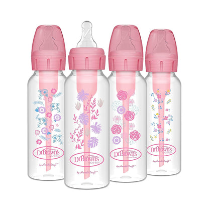 Dr. Brown's Natural Flow® Anti-Colic Options+™ Narrow Baby Bottles 8 oz/250 mL, with Level 1 Slow Flow Nipple, 4 Pack, 0m+