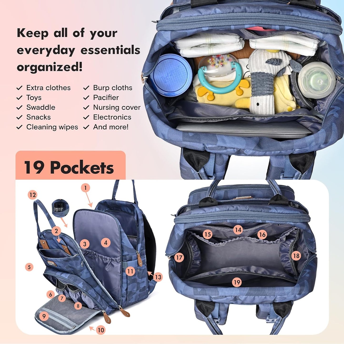 Dikaslon Diaper Bag Backpack with Portable Changing Pad, Pacifier Case and Stroller Straps, Large Unisex Baby Bags for Boys Girls, Multipurpose Travel Back Pack Moms Dads, Black