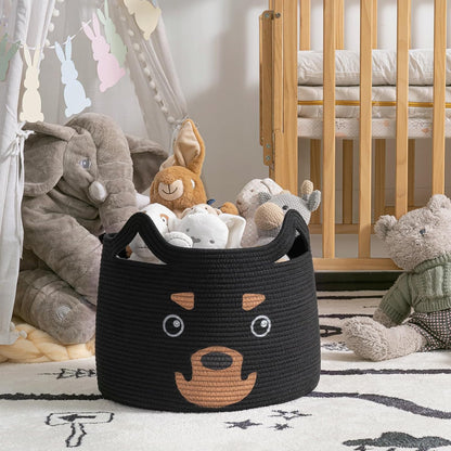 HiChen Large Woven Cotton Rope Storage Basket, Laundry Basket Organizer for Toys, Blanket, Clothes, Towels, Gifts | Pet Gift Basket for Cat, Dog - 15.7" L×11.8" H, Black