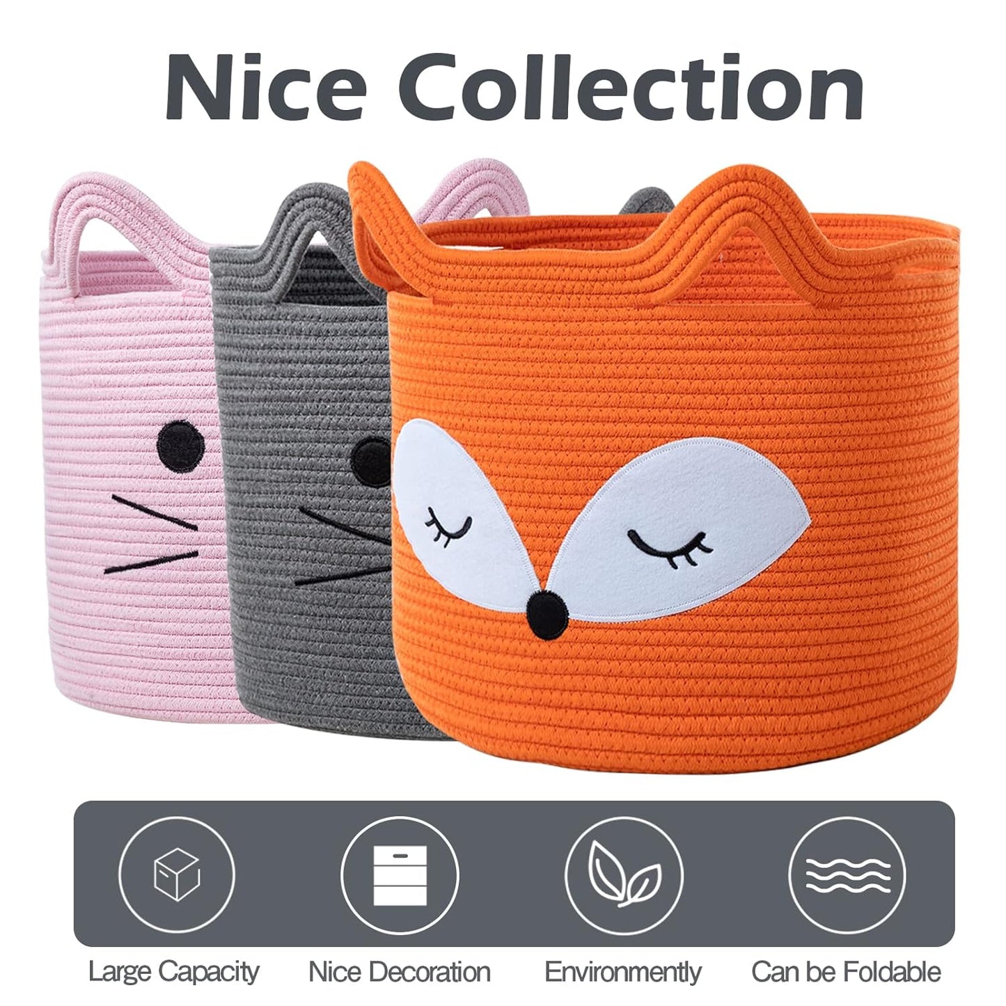 VK VK·LIVING Animal Baskets Large Woven Cotton Rope Storage Basket with Cute Cat Design Animal Laundry Basket Organizer for Towels, Blanket, Toys, Clothes, Gifts – Pet or Baby Gift Baskets 15"Lx14H"