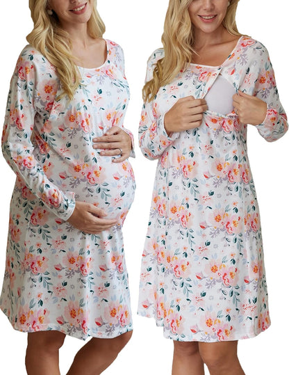 Ekouaer Women’s Nursing/Delivery/Labor Nightgown Long Sleeve Maternity Sleepshirt for Breastfeeding with Button