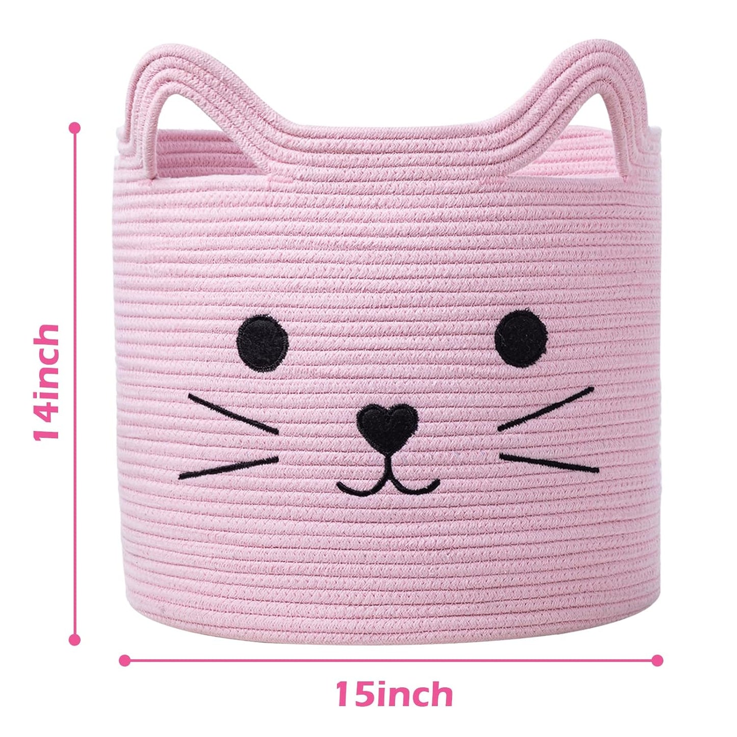 VK VK·LIVING Animal Baskets Large Woven Cotton Rope Storage Basket with Cute Cat Design Animal Laundry Basket Organizer for Towels, Blanket, Toys, Clothes, Gifts – Pet or Baby Gift Baskets 15"Lx14H"