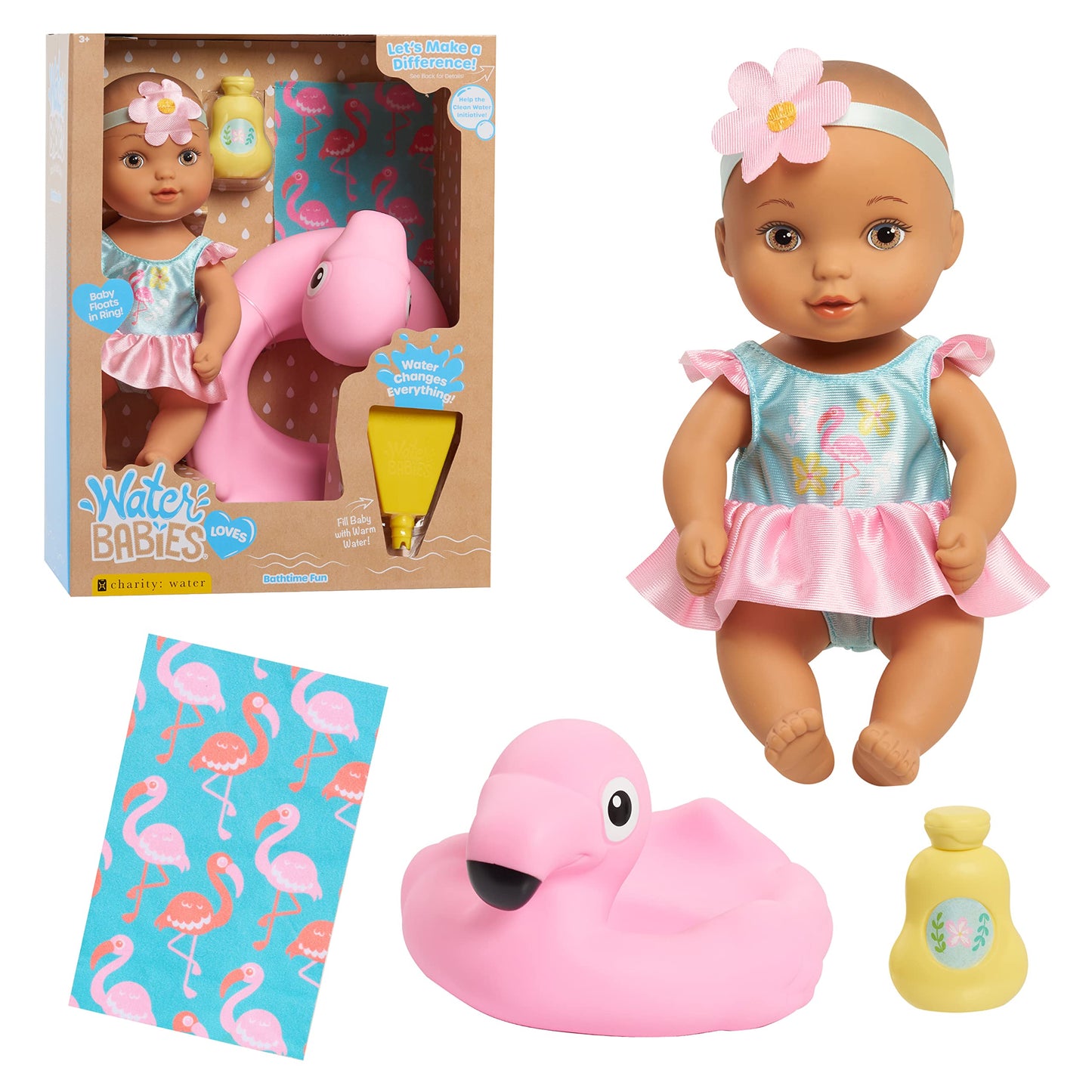 WaterBabies Doll Bathtime Fun Flamingo, Support a Partnership with charity: water, Water Filled Baby Doll, Kids Toys for Ages 3 Up by Just Play