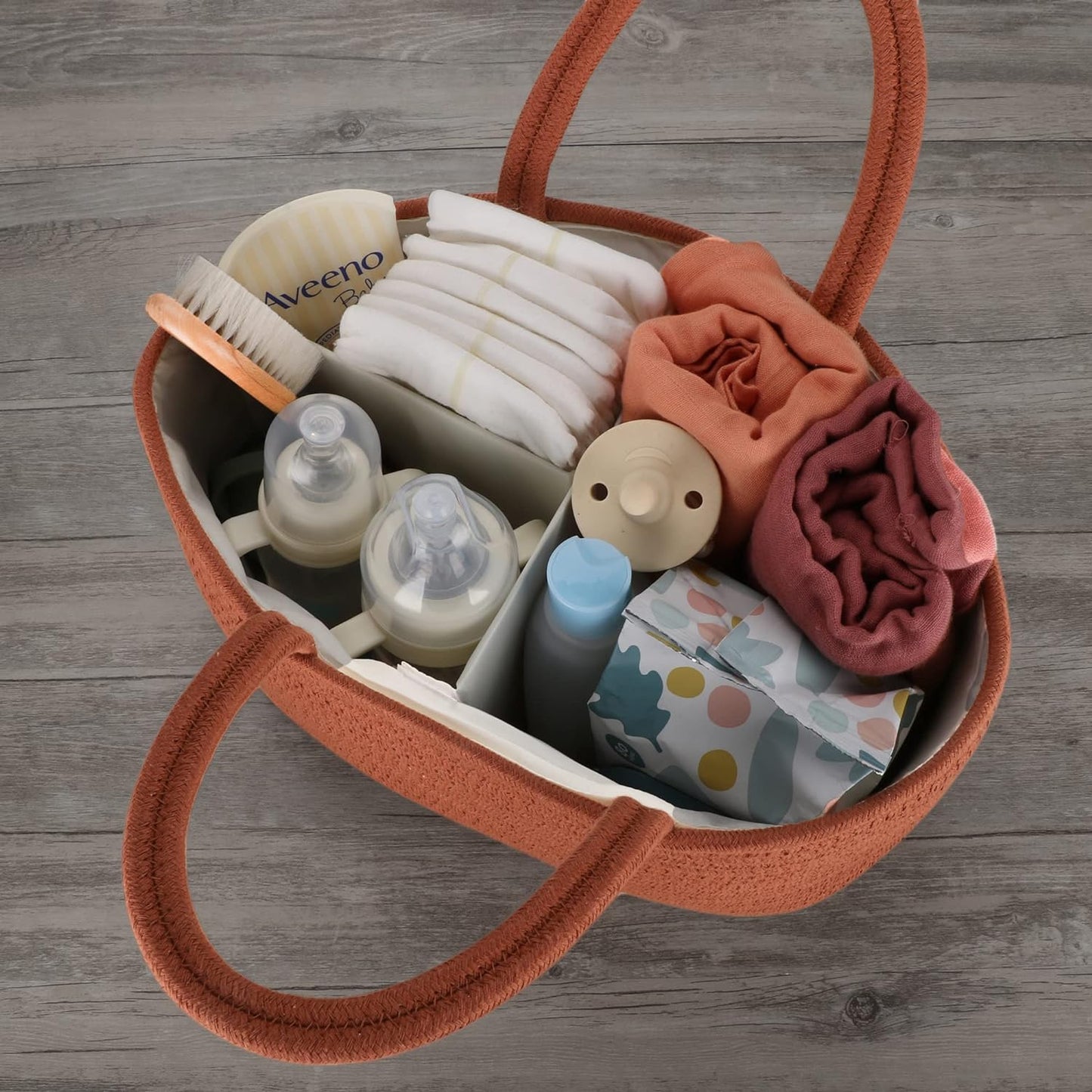 Baby Diaper Caddy Organizer for Girl Boy Cotton Rope Nursery Storage Bin Basket Portable Holder Tote Bag for Changing Table Car Travel Baby Shower Gifts Newborn Registry Must Have Items oatmeal