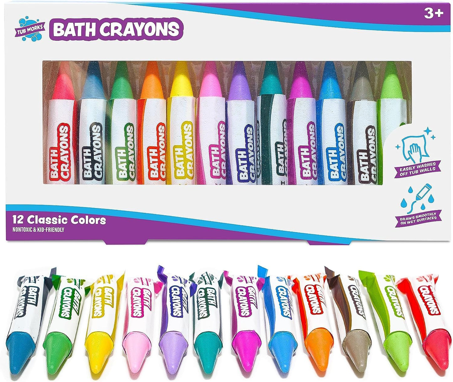 Tub Works® Smooth™ Bath Crayons Bath Toy, 12 Pack | Nontoxic, Washable Bath Crayons for Toddlers & Kids | Unique Formula Draws Smoothly & Vividly on Wet & Dry Tub Walls | Hexagon Grip Bathtub Crayons