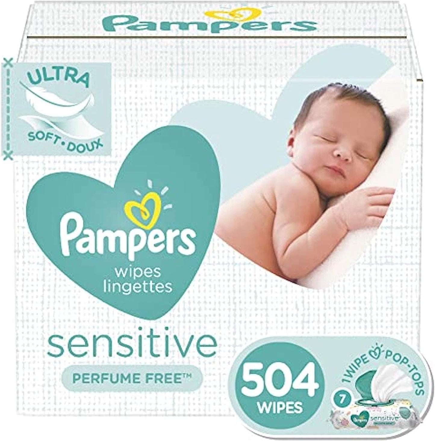 Pampers Sensitive Baby Wipes - Baby Wipes Combo, 84 Count (Pack of 12), Water Based, Hypoallergenic and Unscented (Packaging May Vary)