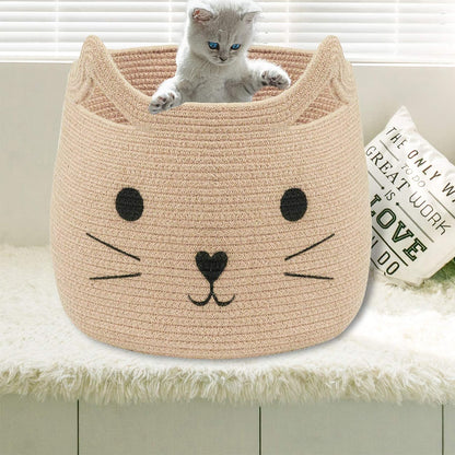 VK VK·LIVING Animal Baskets Large Woven Cotton Rope Storage Basket with Cute Cat Design Animal Laundry Basket Organizer for Towels, Blanket, Toys, Clothes, Gifts – Pet or Baby Gift Baskets 15"Lx14H"