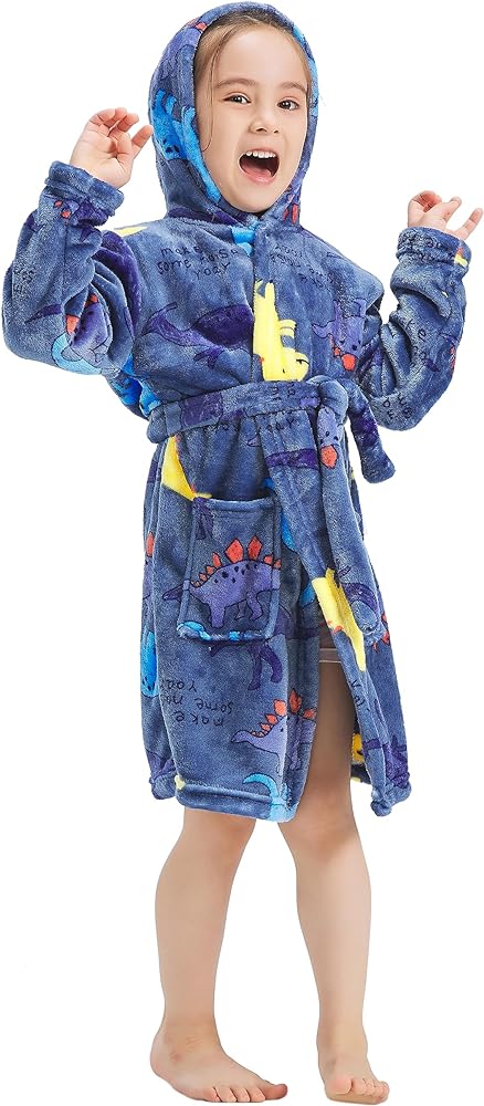 ECHERY Boys Girls Robe Hooded Bathrobe Toddler Robes Soft Coral Fleece Pajamas Unisex Dressing Gown for Kids