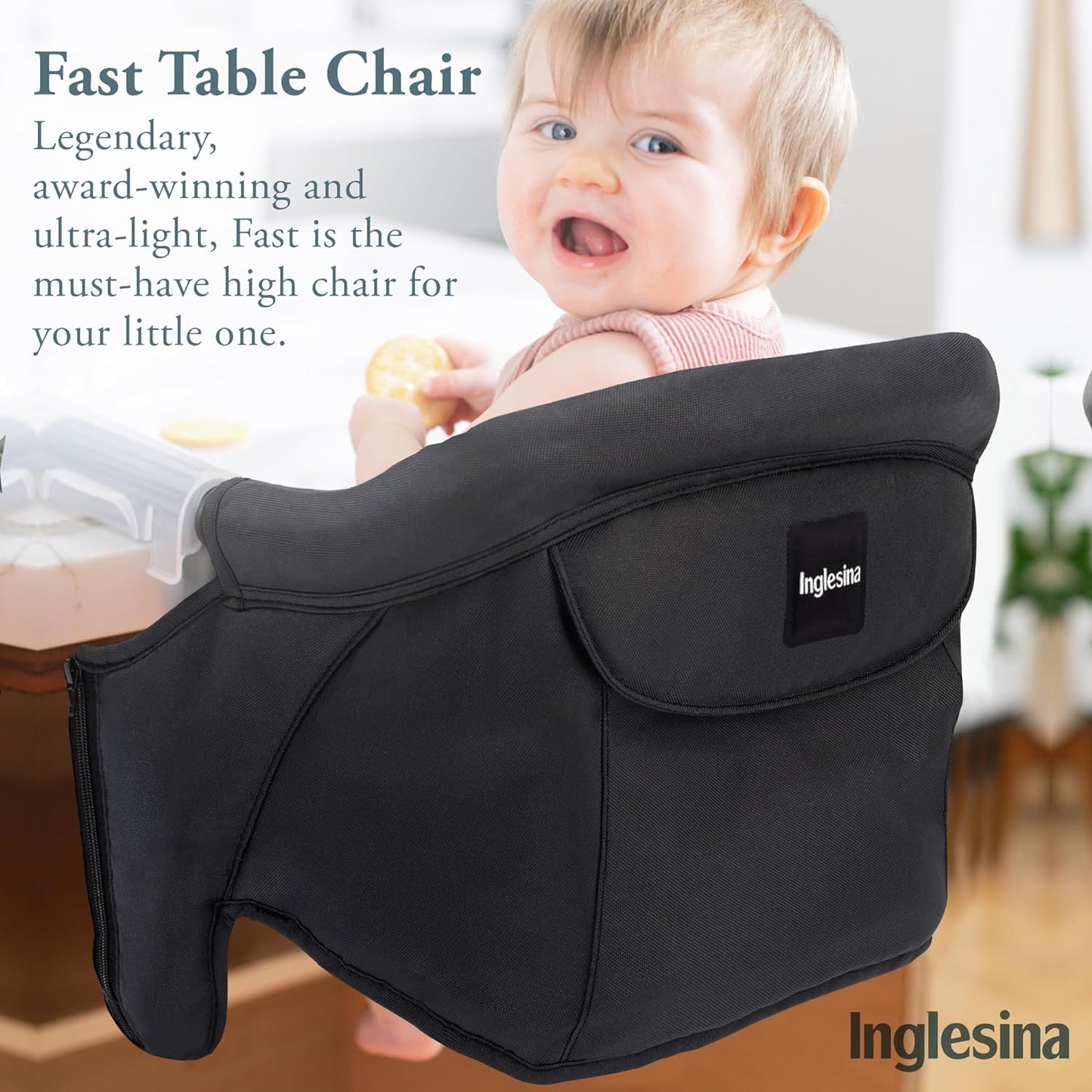 Inglesina Fast Table Chair - Award-Winning Baby High Chair for Eating & Dining - Compact, Portable & Foldable - Leaves No Scratches - for Babies 6-36 Months & 1-3 Year Old Toddler - Black