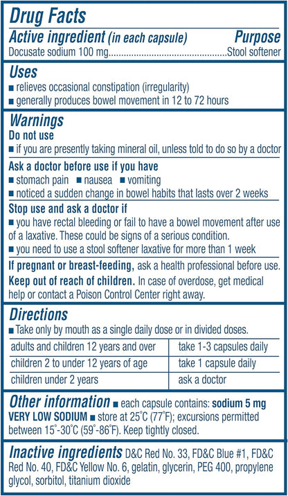 Colace Regular Strength Stool Softener 100 mg Capsules 60 Count Docusate Sodium Stool Softener for Gentle Dependable Relief