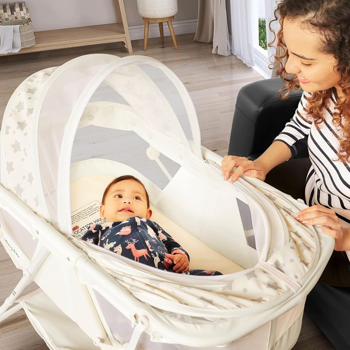 Dream On Me Karley Bassinet in Black, Lightweight Portable Baby Bassinet, Quick Fold and Easy to Carry , Adjustable Double Canopy, Indoor and Outdoor Bassinet with Large Storage Basket.