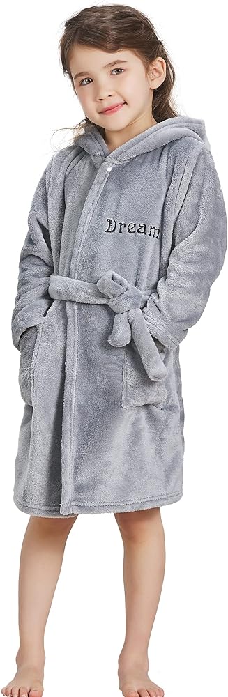 ECHERY Boys Girls Robe Hooded Bathrobe Toddler Robes Soft Coral Fleece Pajamas Unisex Dressing Gown for Kids