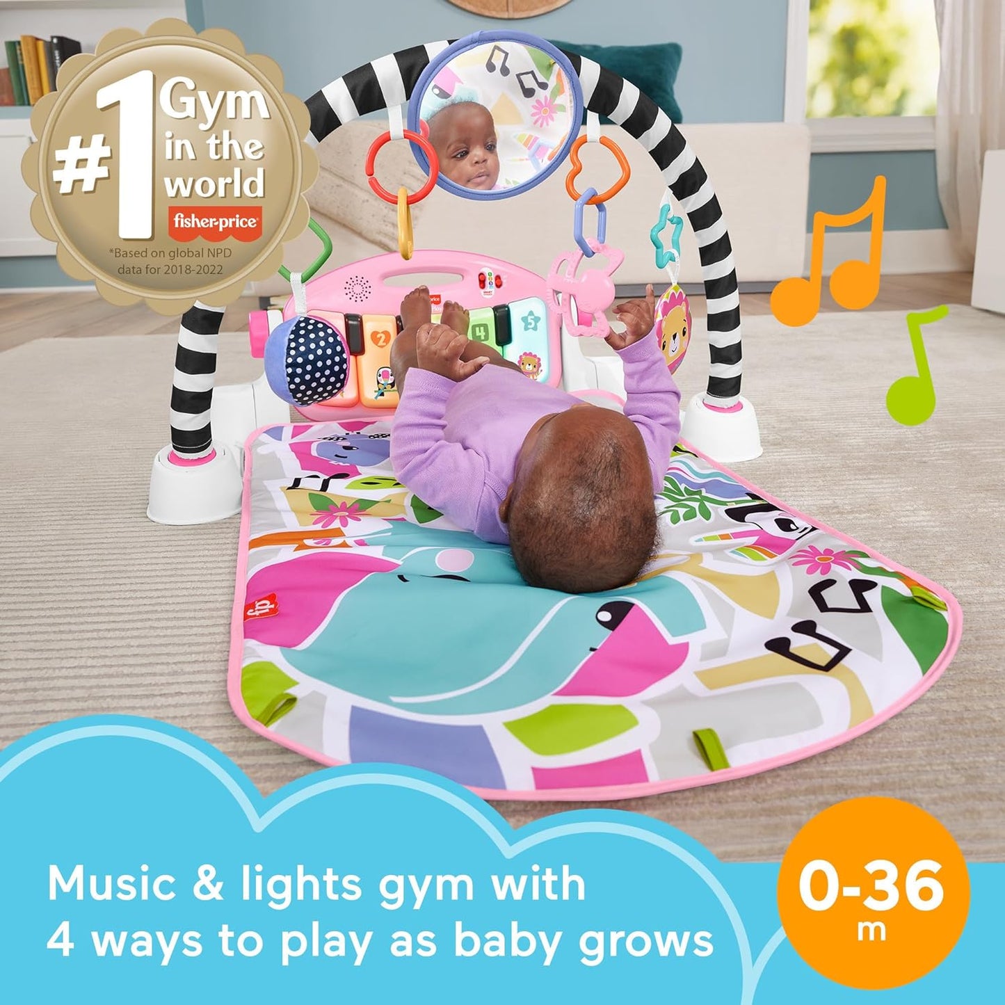 Fisher-Price Baby Playmat Kick & Play Piano Gym With Musical And Sensory Toys For Newborn To Toddler, Navy Fawn