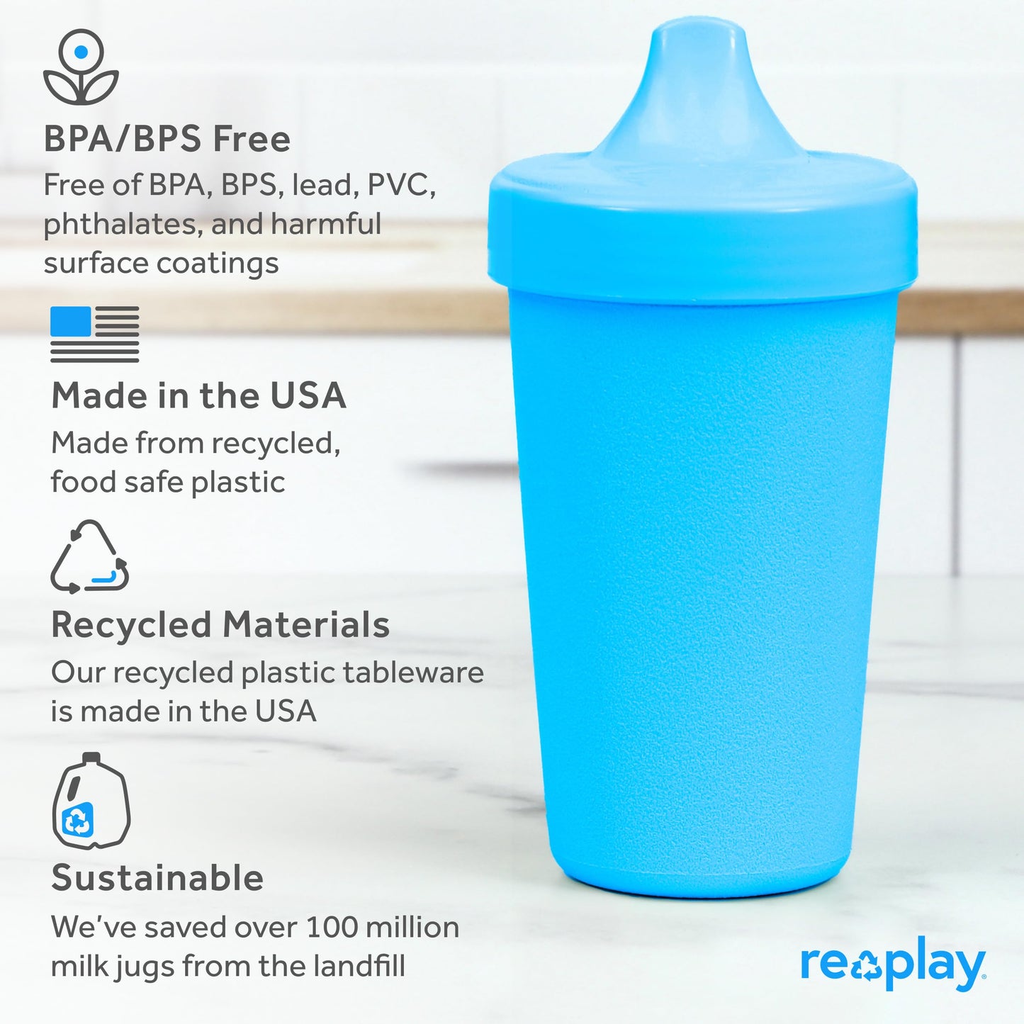 Re Play Made in USA 10 Oz. Sippy Cups for Toddlers (4-pack) Spill Proof Sippy Cup for 1+ Year Old - Dishwasher/Microwave Safe - Hard Spout Kids Cups with Lid 3.13" x 6.25" (Modern Mint)