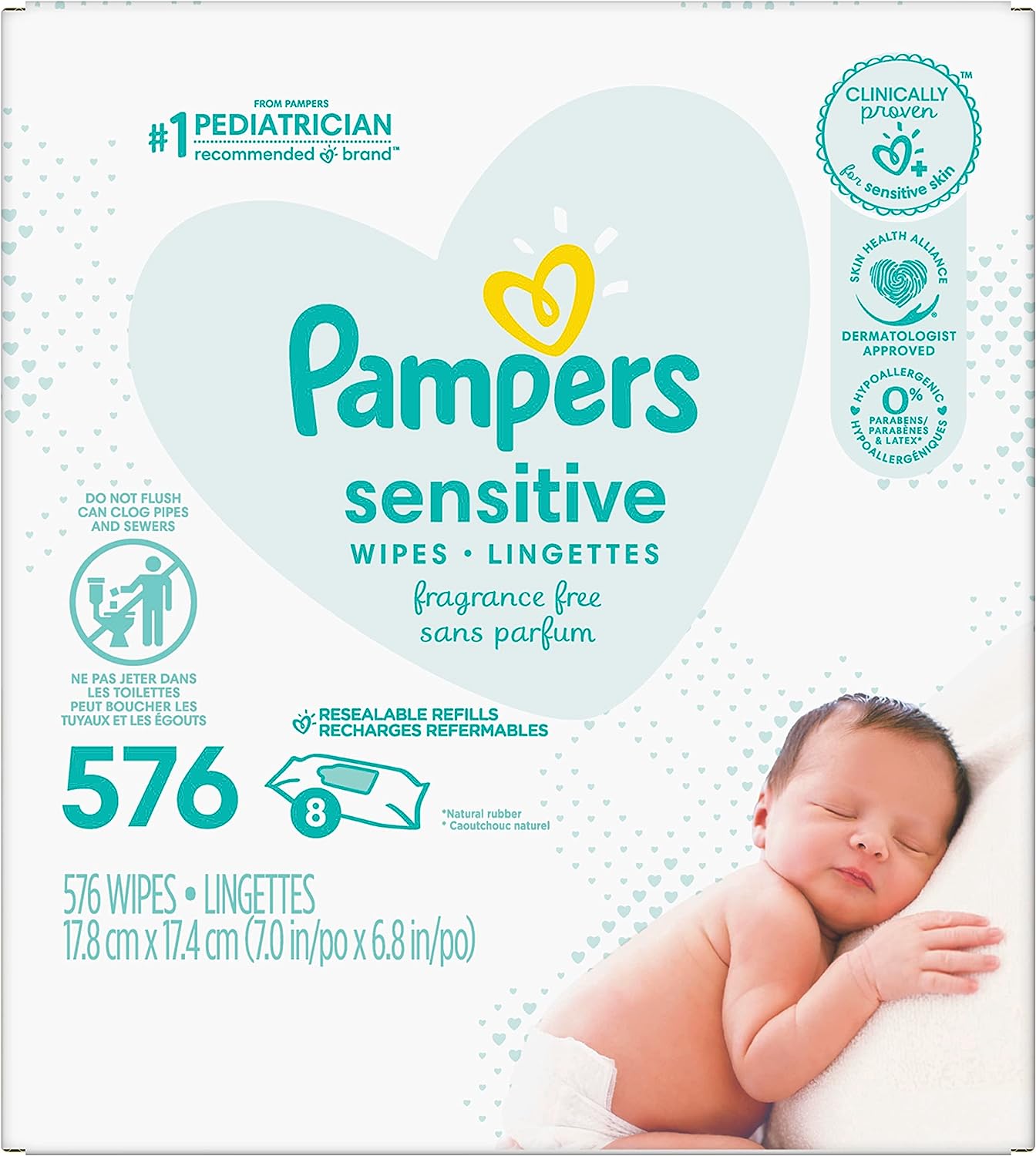 Pampers Sensitive Baby Wipes - Baby Wipes Combo, 84 Count (Pack of 12), Water Based, Hypoallergenic and Unscented (Packaging May Vary)