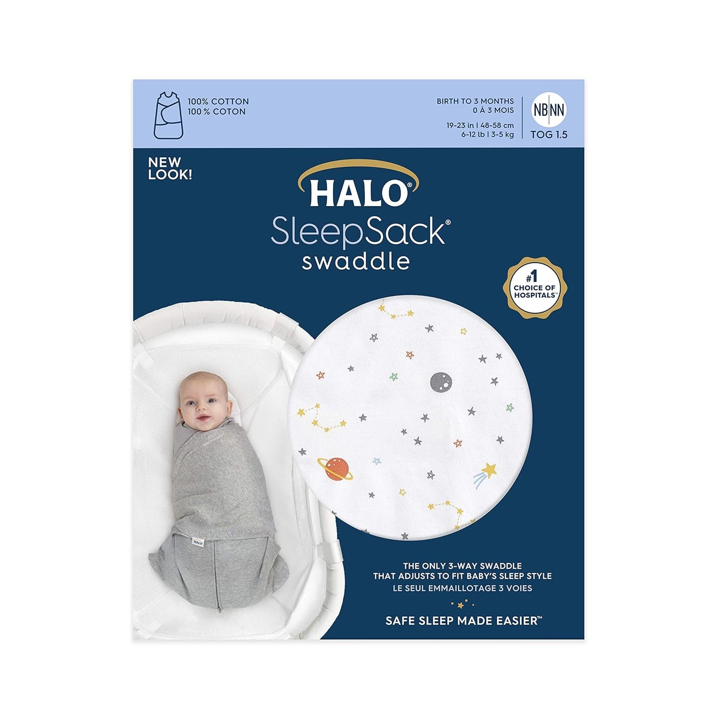 HALO 100% Cotton Sleepsack Swaddle, 3-Way Adjustable Wearable Blanket, TOG 1.5, Clouds, Newborn, 0-3 Months