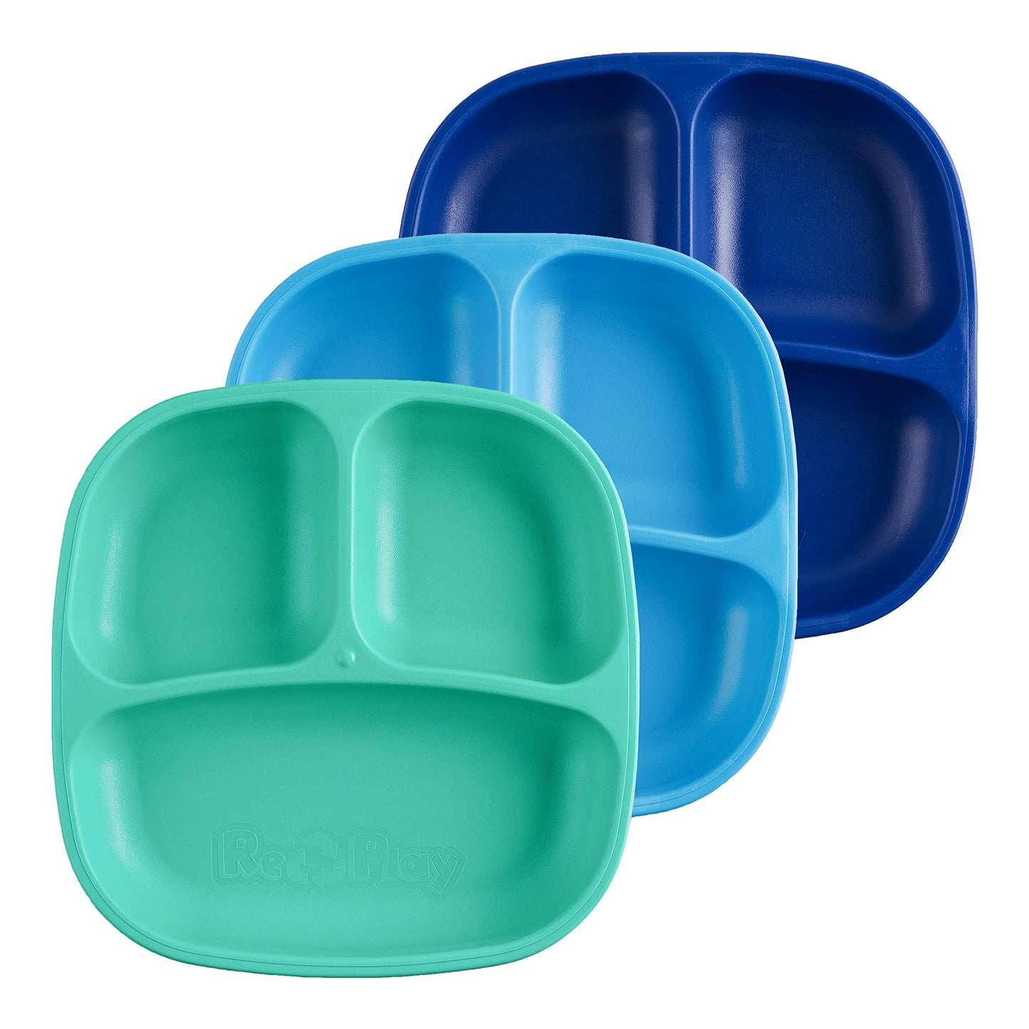 Re-Play Made in USA 7" Deep Walled Divided Plates for Kids, Set of 3 Without Lid - Reusable 3 Compartment Plates, Dishwasher and Microwave Safe - 7.37" x 7.37" x 1.25", Modern Aqua