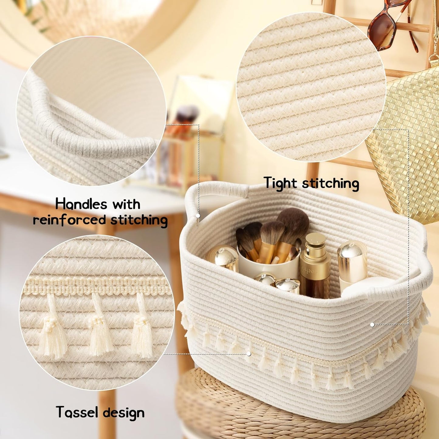 TeoKJ Storage Basket 3 Pack for Organizing, Rope Cotton Baskets for Toy, Clothes, Blankets, Decorative Basket for Living Room, Nursery, Bathroom, Jute