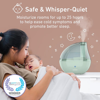 Pure Enrichment® MistAire™ Silver Ultrasonic Cool Mist Humidifier for Bedroom, Office, Nursery & Indoor Plants - Lasts Up to 25 Hours, Whisper-Quiet Operation, Optional Night Light, & Auto Shut-Off