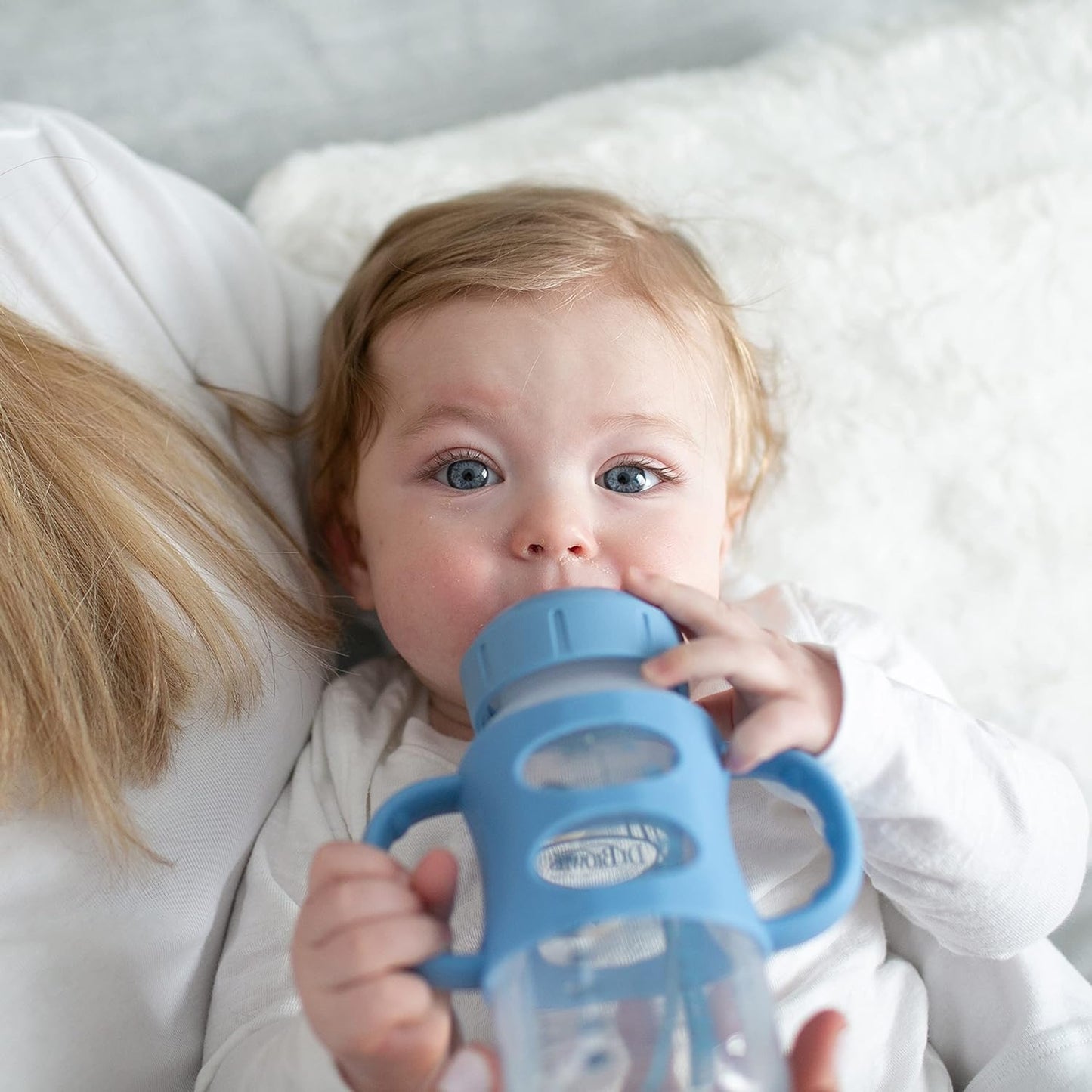 Dr. Brown's Milestones Wide-Neck Sippy Spout Bottle with 100% Silicone Handles, Easy-Grip Handles with Soft Sippy Spout, 9oz/270mL, Green & Gray, 2-Pack, 6m+