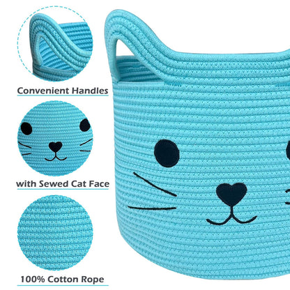 VK VK·LIVING Animal Baskets Large Woven Cotton Rope Storage Basket with Cute Cat Design Animal Laundry Basket Organizer for Towels, Blanket, Toys, Clothes, Gifts – Pet or Baby Gift Baskets 15"Lx14H"