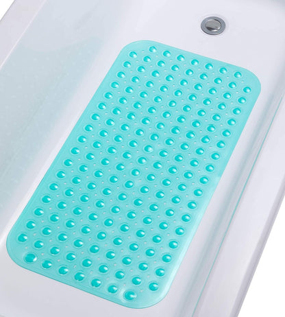 TIKE SMART Extra-Long Non-Slip Bathtub & Shower Mat 39”x16” (Smooth/Non-Textured Tubs Only) Safe, Clean, Machine-Washable, Superior Grip&Drainage, Vinyl, Opaque Aqua/Blue-Green