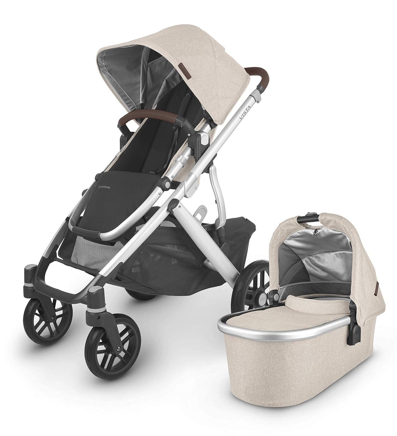 UPPAbaby Vista V2 Stroller / Convertible Single-To-Double System / Bassinet, Toddler Seat, Bug Shield, Rain Shield, and Storage Bag Included / Greyson (Charcoal Mélange/Carbon Frame/Saddle Leather)